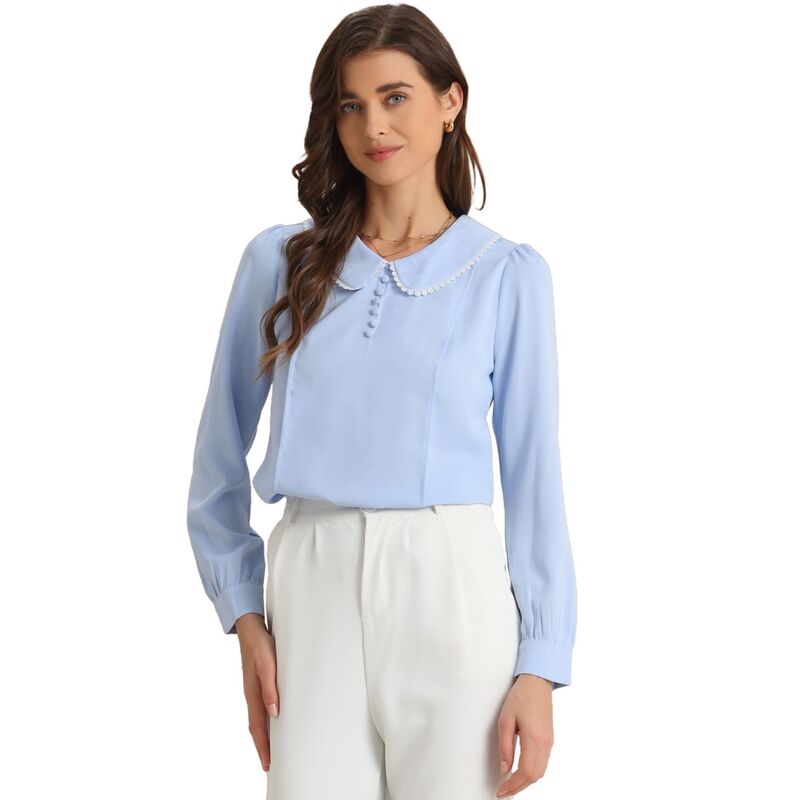 アレグラ ケー レディース トップス シャツ シフォン ブラウス ALLEGRA K Women's Peter Pan Collar Shirt Crochetrim Long Sleeve Chiffon Work Office Blouse Sky Blue ブルー