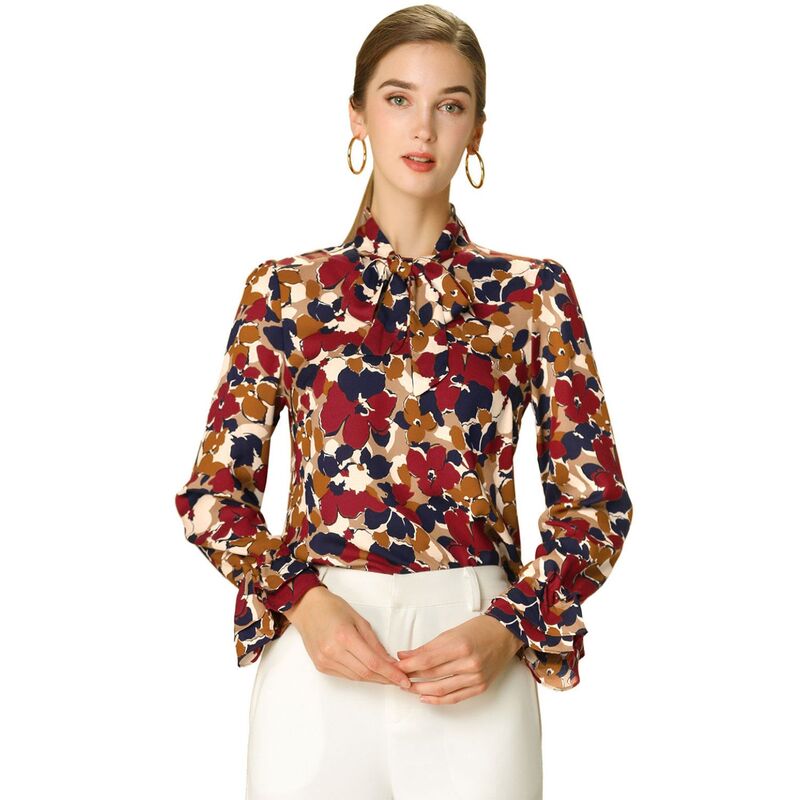 アレグラ ケー レディース トップス シャツ Vネック シフォン フラワー柄 フリル ブラウス フラワー ALLEGRA K Women's Floral Tie V Neck Blouse Chiffon Ruffle Trumpetop Red レッド｜ReVida 店