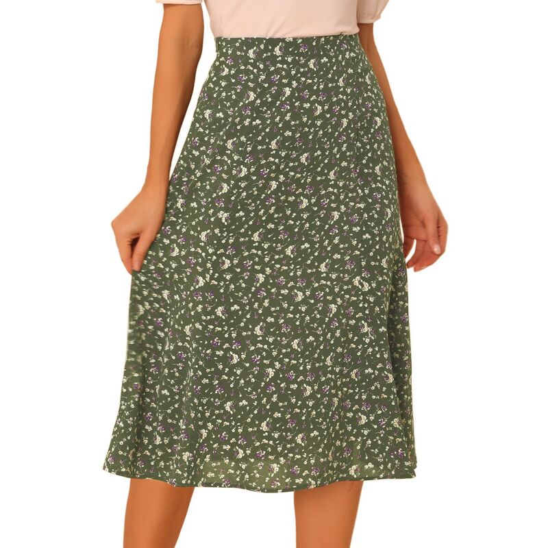 アレグラ ケー レディース ボトムスカート A ライン プリント ミディ ALLEGRA K Women's Peasant Elastic Waist A-Line Leave Print Midi Skirt Army Green グリーン｜ReVida 店