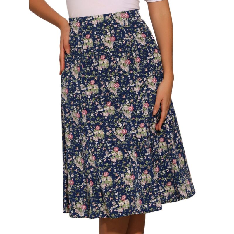 アレグラ ケー レディース ボトムスカート A ライン プリント ミディ ALLEGRA K Women's Peasant Elastic Waist A-Line Leave Print Midi Skirt Navy Blue ネイビー