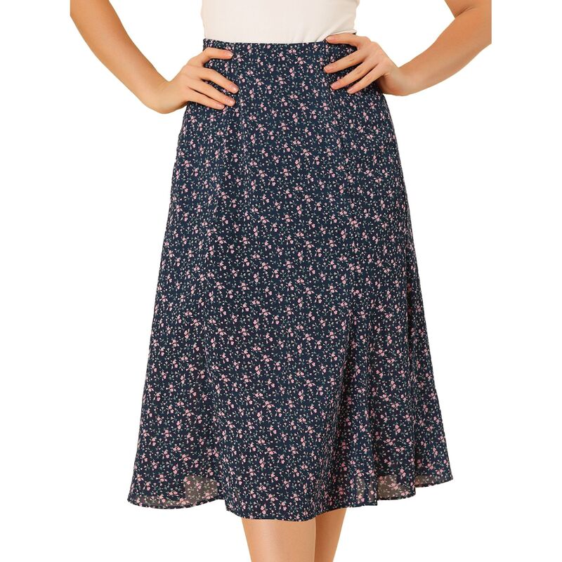 アレグラ ケー レディース ボトムスカート A ライン プリント ミディ ALLEGRA K Women's Peasant Elastic Waist A-Line Leave Print Midi Skirt Navy Pink ネイビー｜ReVida 店