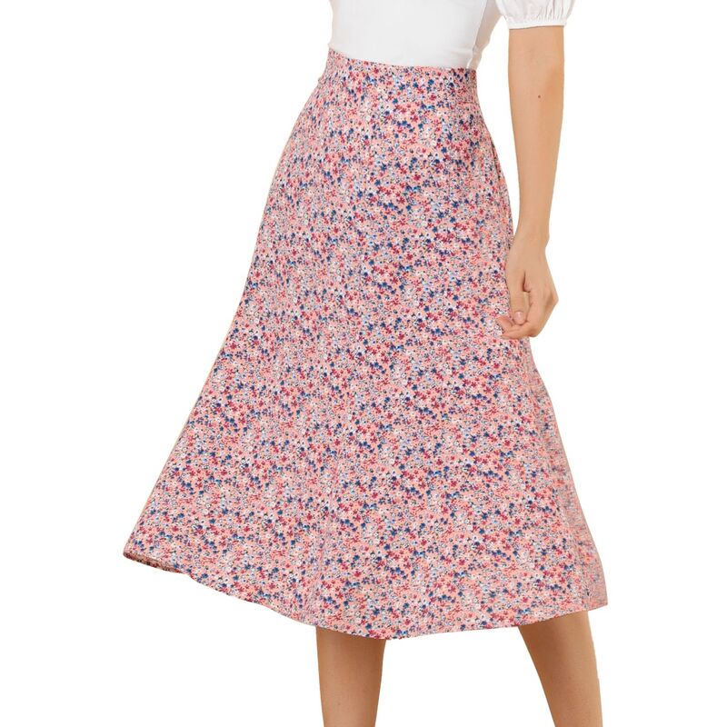 アレグラ ケー レディース ボトムスカート A ライン プリント ミディ ALLEGRA K Women's Peasant Elastic Waist A-Line Leave Print Midi Skirt Pink ピンク