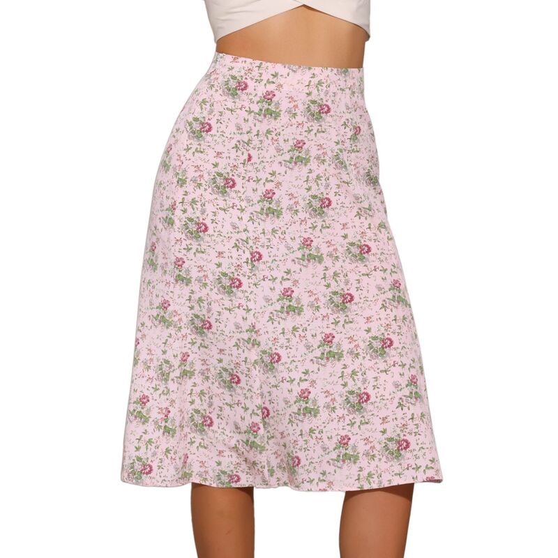 アレグラ ケー レディース ボトムスカート A ライン プリント ミディ ALLEGRA K Women's Peasant Elastic Waist A-Line Leave Print Midi Skirt Pink Flower ピンク