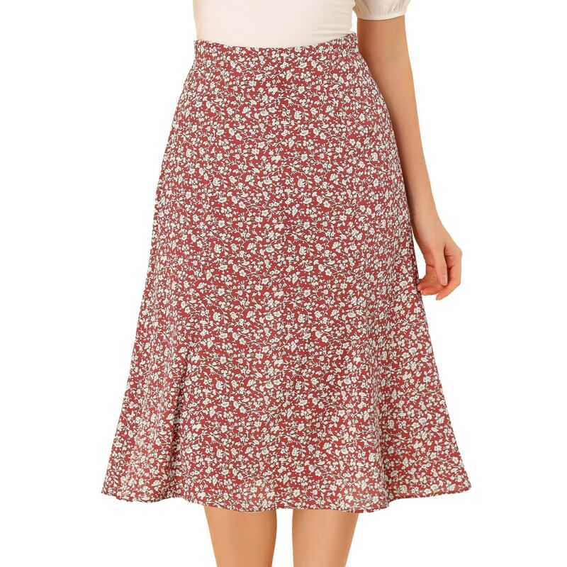 アレグラ ケー レディース ボトムスカート A ライン プリント ミディ ALLEGRA K Women's Peasant Elastic Waist A-Line Leave Print Midi Skirt Red White ホワイト｜ReVida 店
