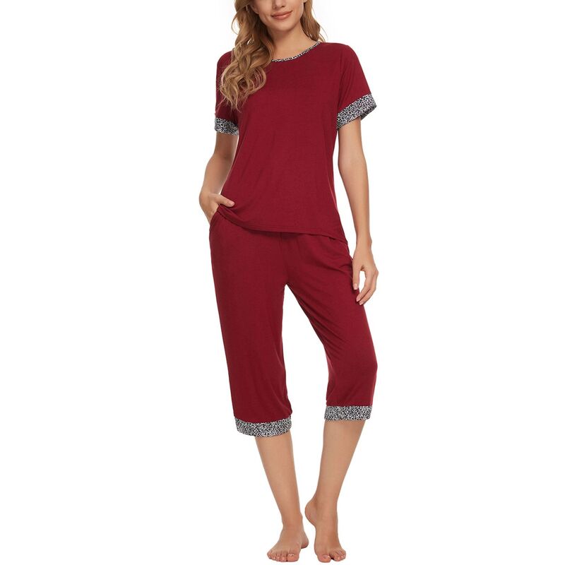 cheibear レディース アンダーウェア ナイトウェア パンツ キャップ cheibear Womens Pajama Set Round Neck with Capri Pants Casual Pjs Lounge Sleepwears Red レッド