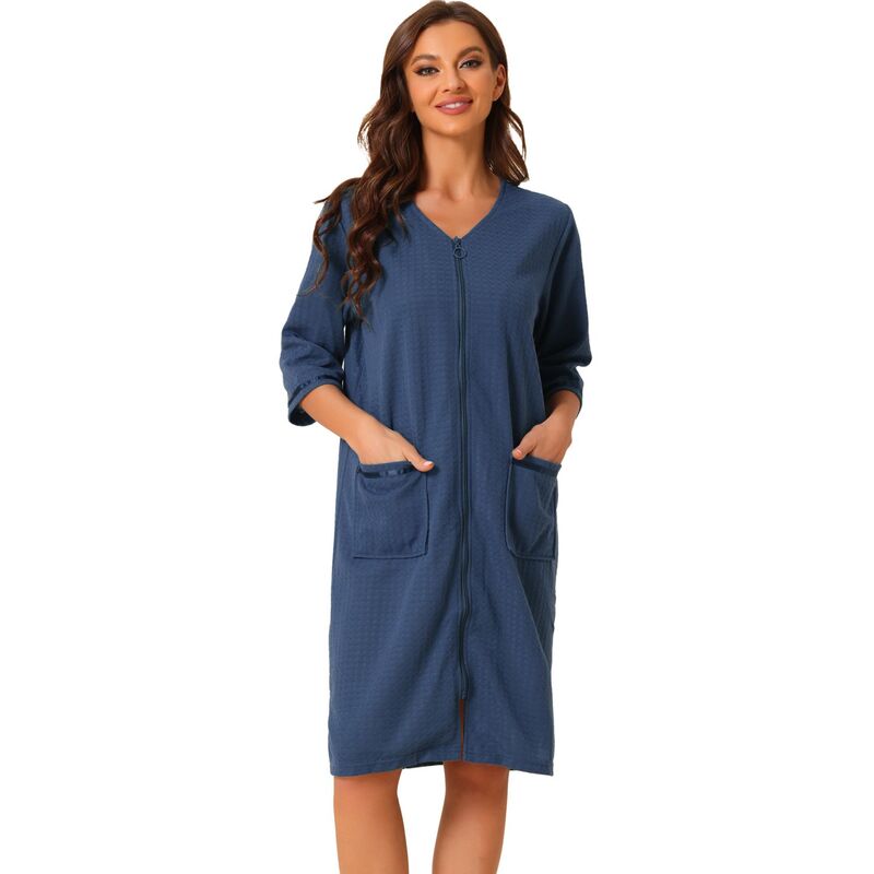 cheibear レディース アンダーウェア ナイトウェア cheibear Women's Waffle Pajama 3/4 Sleevespa Bathrobe Loungewear Zipper Up Robes Blue ブルー