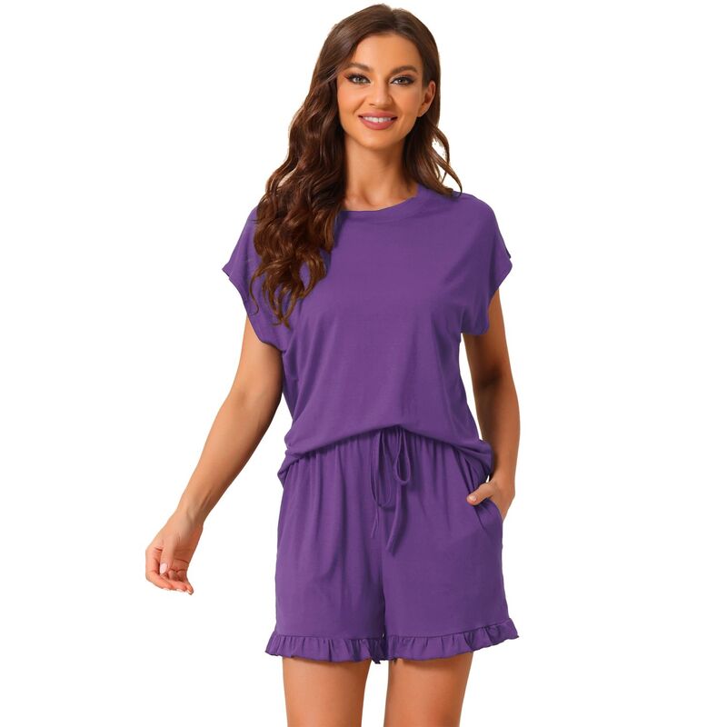 cheibear レディース アンダーウェア ナイトウェア フリル ショートパンツ cheibear Women's Pajama Ruffle Summer Outfitshort Sleeves Tops with Shorts Lounge Sets Dark Purple パープル