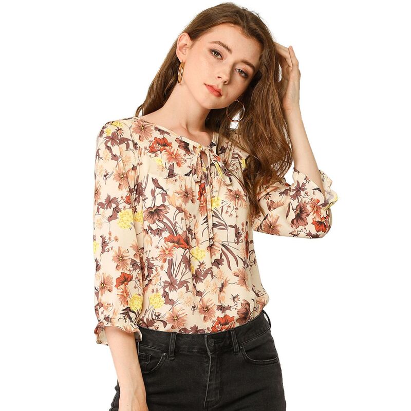 アレグラ ケー レディース トップス シャツ ヴィンテージ フラワー柄 ブラウス フラワー ALLEGRA K Women's Floral Tops Bow Tie Neck Vintage 3/4 Sleeve Blouse Beige ベージュ