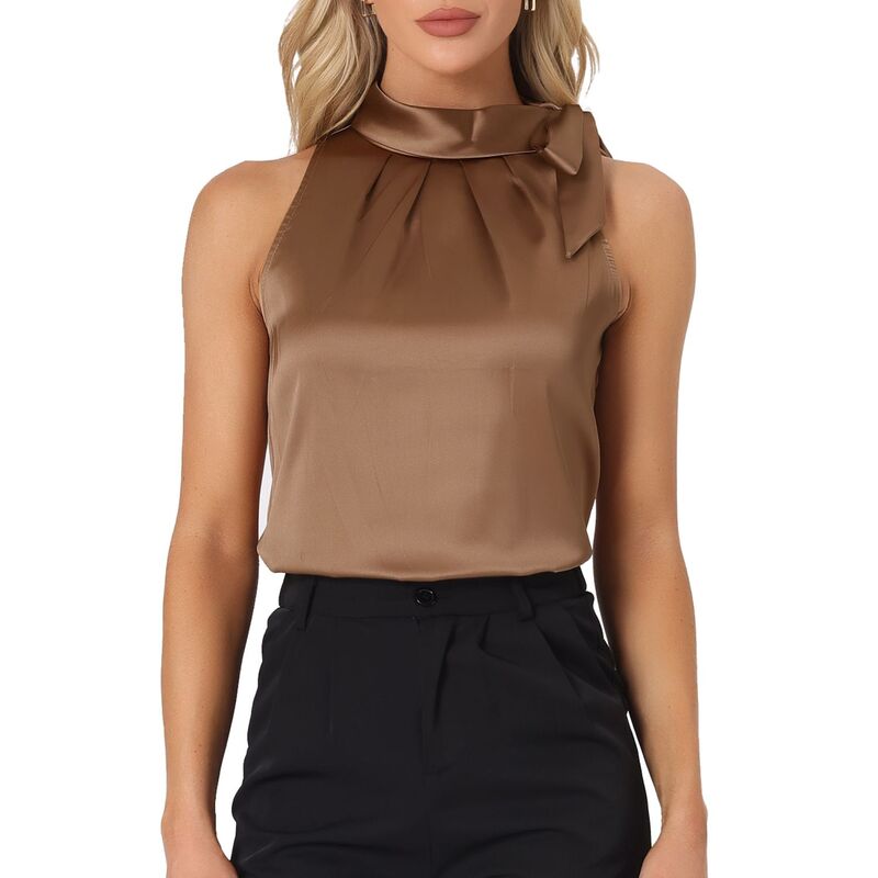 アレグラ ケー レディース トップス シャツ モックネック サテン ノースリーブラウス ALLEGRA K Women's Elegant Satin Sleeveless Bow Knotie Mock Neck Solid Work Blouse Top Brown ブラウン|ReVida 店