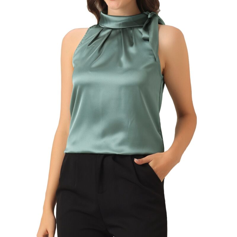 アレグラ ケー レディース トップス シャツ モックネック サテン ノースリーブラウス ALLEGRA K Women's Elegant Satin Sleeveless Bow Knotie Mock Neck Solid Work Blouse Top Grey Green グレー｜ReVida 店