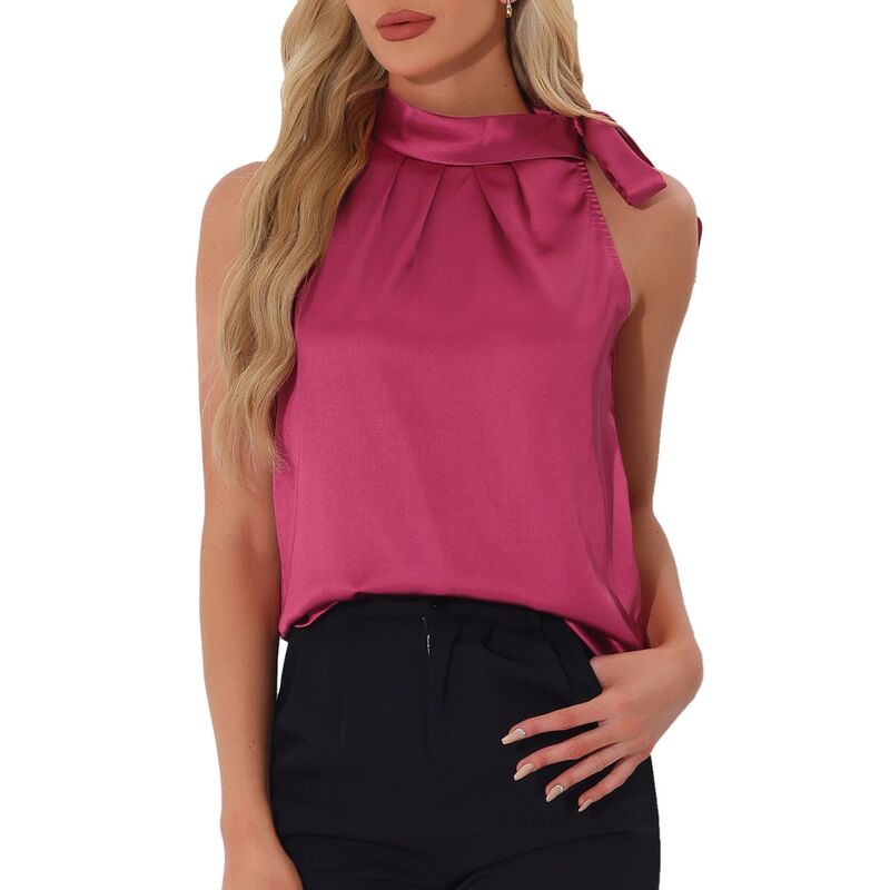 アレグラ ケー レディース トップス シャツ モックネック サテン ノースリーブラウス ALLEGRA K Women's Elegant Satin Sleeveless Bow Knotie Mock Neck Solid Work Blouse Top Hot Pink ピンク