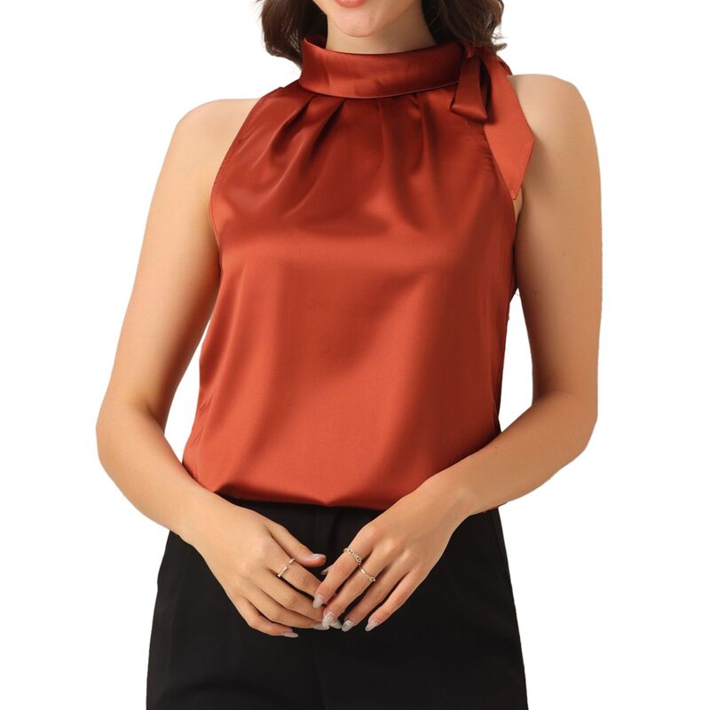アレグラ ケー レディース トップス シャツ モックネック サテン ノースリーブラウス ALLEGRA K Women's Elegant Satin Sleeveless Bow Knotie Mock Neck Solid Work Blouse Top Rust Red レッド｜ReVida 店