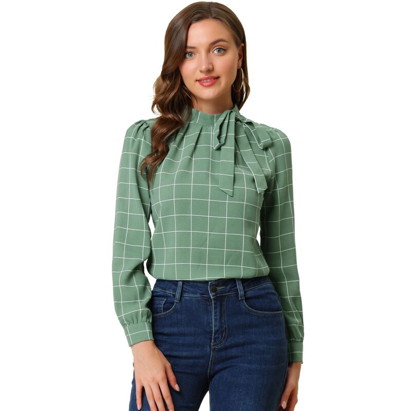 アレグラ ケー レディース トップス シャツ ブラウス ALLEGRA K Women's Bow Tie Neck Grid Checkshirt Office Work Tops Blouses Green グリーン