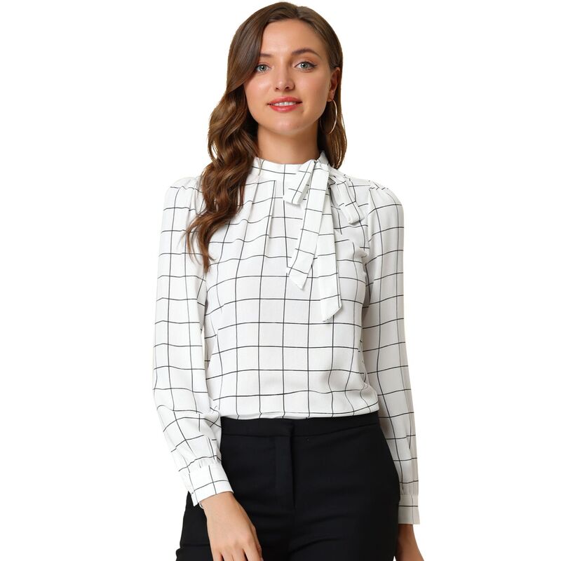 アレグラ ケー レディース トップス シャツ ブラウス ALLEGRA K Women's Bow Tie Neck Grid Checkshirt Office Work Tops Blouses White ホワイト