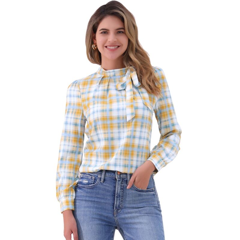 アレグラ ケー レディース トップス シャツ ブラウス ALLEGRA K Women's Bow Tie Neck Grid Checkshirt Office Work Tops Blouses White Yellow Green ホワイト｜ReVida 店