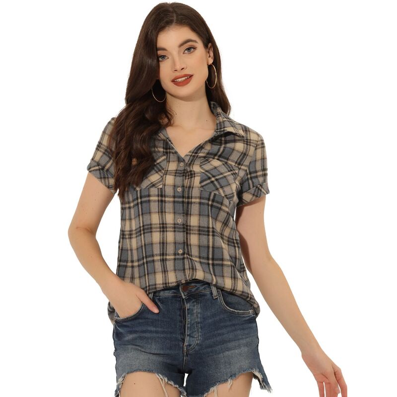 アレグラ ケー レディース トップス シャツ ALLEGRA K Women's Boyfriend Button Front Short Sleeves Plaid Shirt Brown Black ブラック