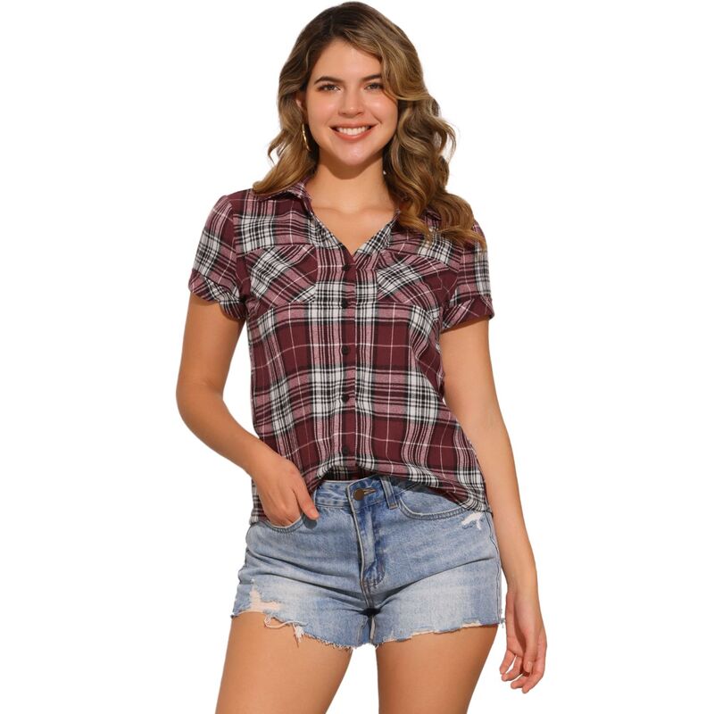 アレグラ ケー レディース トップス シャツ ALLEGRA K Women's Boyfriend Button Front Short Sleeves Plaid Shirt Deep Red レッド