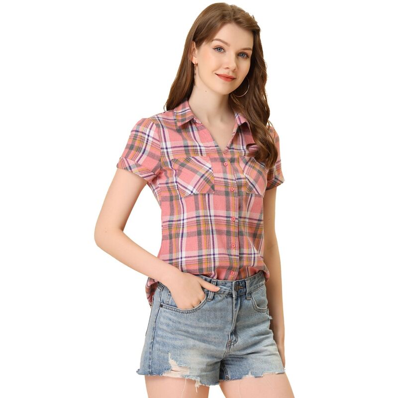 アレグラ ケー レディース トップス シャツ ALLEGRA K Women's Boyfriend Button Front Short Sleeves Plaid Shirt Light Pink ピンク