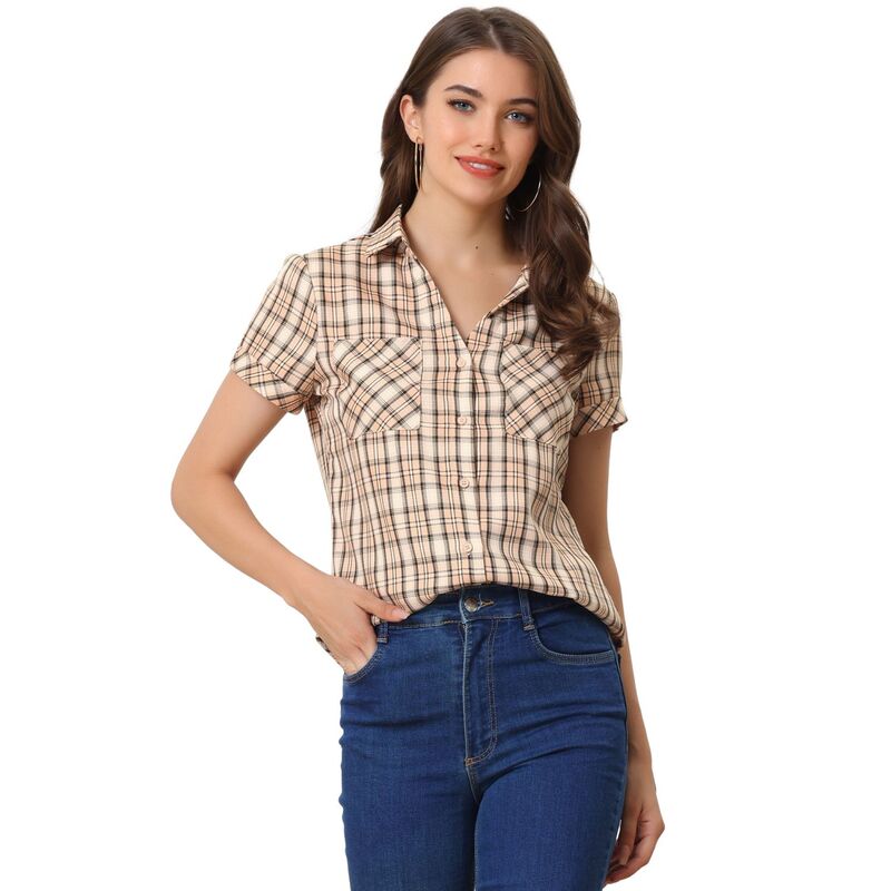 アレグラ ケー レディース トップス シャツ ALLEGRA K Women's Boyfriend Button Front Short Sleeves Plaid Shirt Pink ピンク