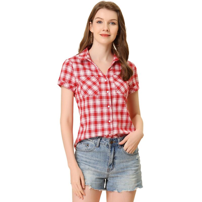 アレグラ ケー レディース トップス シャツ ALLEGRA K Women's Boyfriend Button Front Short Sleeves Plaid Shirt Red White ホワイト