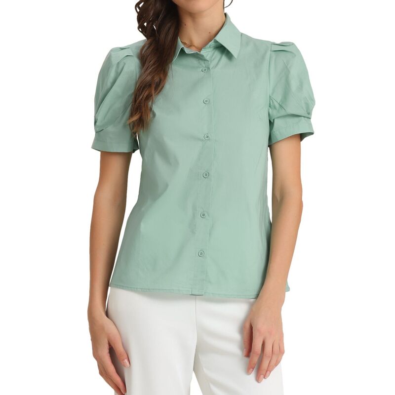 アレグラ ケー レディース トップス シャツ ボタンダウン ALLEGRA K Women's Puffy Sleeve Turn Down Collared Work Office Button Down Shirt Green グリーン|ReVida 店