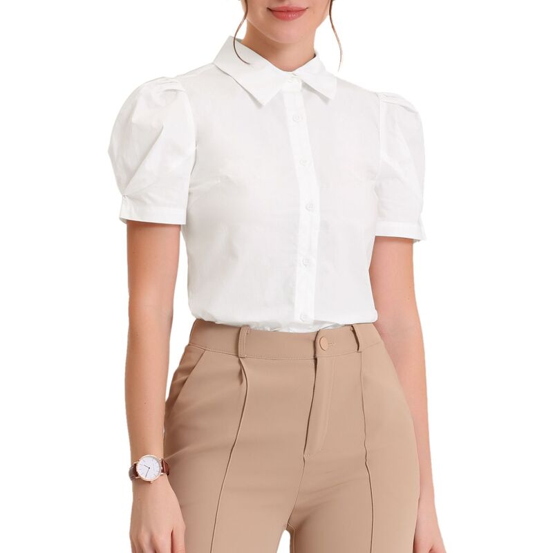 アレグラ ケー レディース トップス シャツ ボタンダウン ALLEGRA K Women's Puffy Sleeve Turn Down Collared Work Office Button Down Shirt White ホワイト|ReVida 店