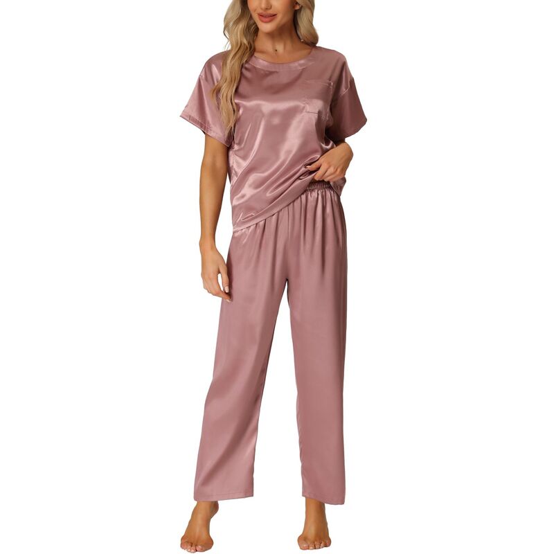 cheibear レディース アンダーウェア ナイトウェア パンツ サテン シルク cheibear Women'satin Pajamasummer Outfitshort Sleeves Tops With Pantsilky Lounge Sets Purple パープル