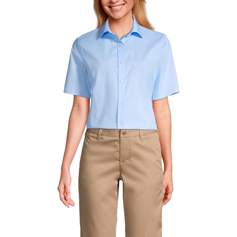 ランズ挙げ句の果て レディース トップス プルオーバー Women\u0027s Lands\u0027 End No Gape Short Sleeve Stretch Shirt Light Sea Blue 青み