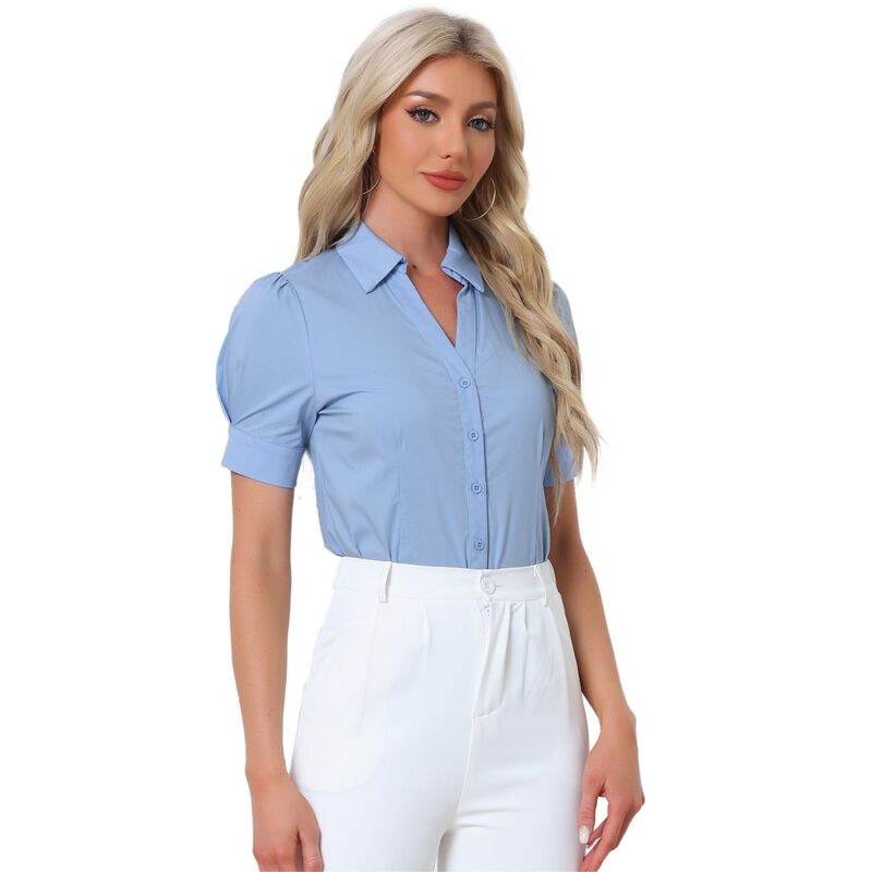 アレグラ ケー レディース トップス Tシャツ ボタンダウン ブラウス ボディースーツ ALLEGRA K Women's Office Blouse Button Down One-Piece Short Sleeve Bodysuit Work Shirt Blue ブルー