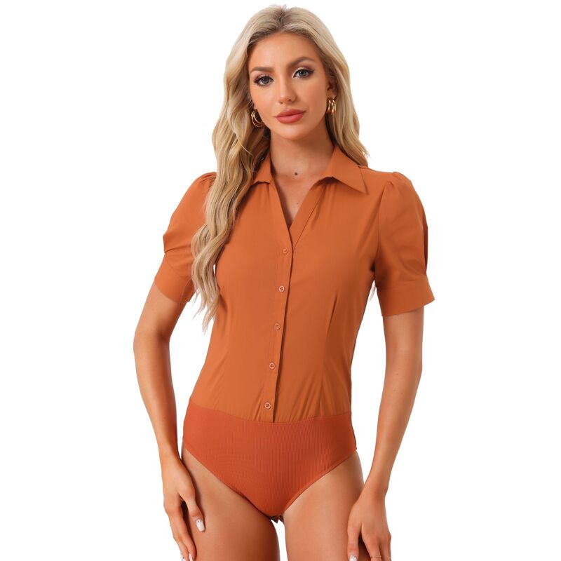 アレグラ ケー レディース トップス Tシャツ ボタンダウン ブラウス ボディースーツ ALLEGRA K Women's Office Blouse Button Down One-Piece Short Sleeve Bodysuit Work Shirt Caramel