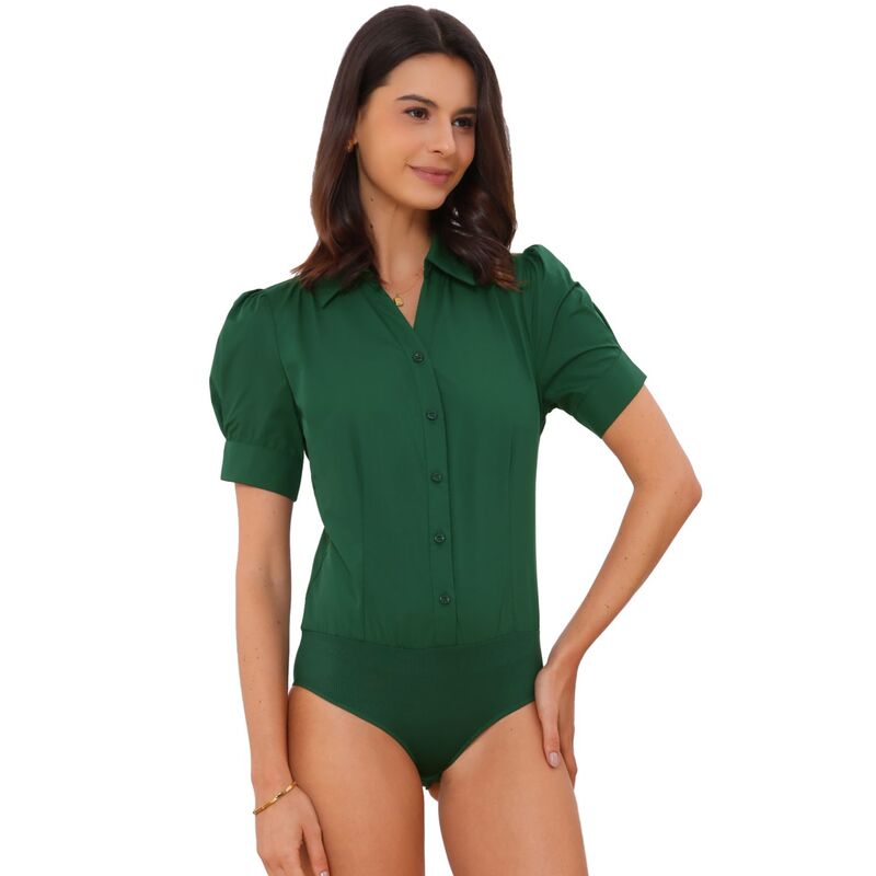 アレグラ ケー レディース トップス Tシャツ ボタンダウン ブラウス ボディースーツ ALLEGRA K Women's Office Blouse Button Down One-Piece Short Sleeve Bodysuit Work Shirt Dark Green グリーン|ReVida 店