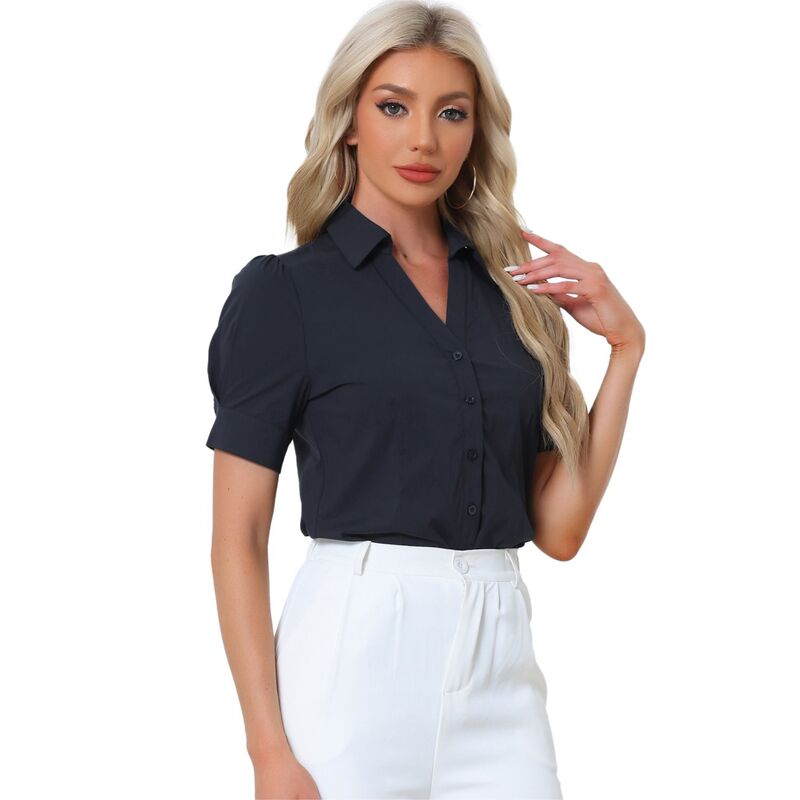 アレグラ ケー レディース トップス Tシャツ ボタンダウン ブラウス ボディースーツ ALLEGRA K Women's Office Blouse Button Down One-Piece Short Sleeve Bodysuit Work Shirt Navy Blue ネイビー