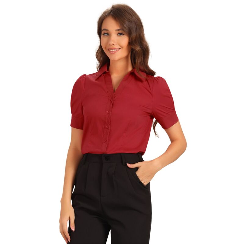 アレグラ ケー レディース トップス Tシャツ ボタンダウン ブラウス ボディースーツ ALLEGRA K Women's Office Blouse Button Down One-Piece Short Sleeve Bodysuit Work Shirt Red レッド