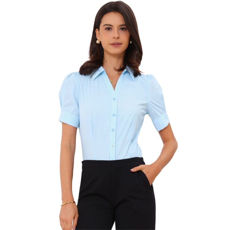 アレグラ ケー レディース トップス Tシャツ ボタンダウン ブラウス ボディースーツ ALLEGRA K Women's Office Blouse Button Down One-Piece Short Sleeve Bodysuit Work Shirt Sky Blue ブルー