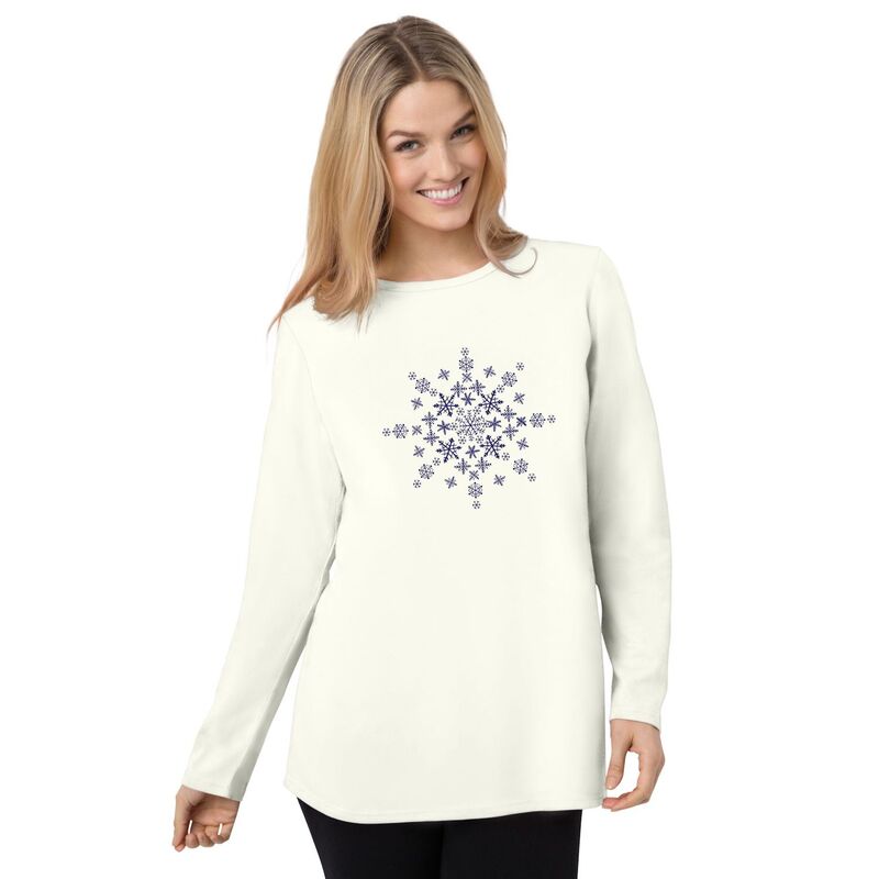 ウーマン ウィズイン レディース トップス Tシャツ プラスサイズ グラフィック Woman Within Plusize Holiday Graphic Tee Ivory Winter Snowflake アイボリー|ReVida 店