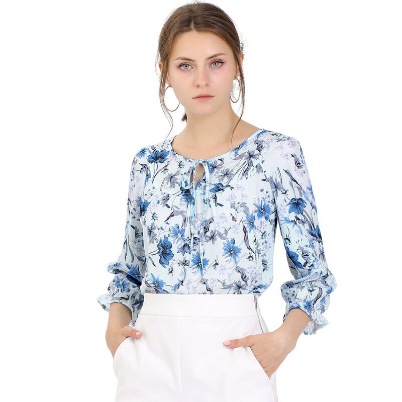 アレグラ ケー レディース トップス シャツ ヴィンテージ フラワー柄 ブラウス フラワー ALLEGRA K Women's Floral Tops Bow Tie Neck Vintage 3/4 Sleeve Blouse Blue ブルー
