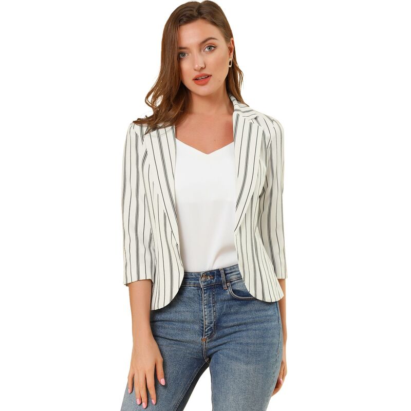 アレグラ ケー レディース アウター ジャケット・ブルゾン ブレザー ALLEGRA K Women'striped 3/4 Sleeves Open Front Blazer White ホワイト｜ReVida 店