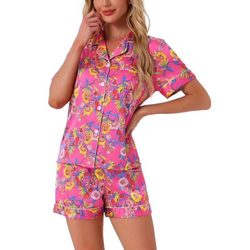 cheibear レディース アンダーウェア ナイトウェア ボタンダウン ショートパンツ ダウン cheibear Womensleepwear Button Down Tops With Shortsummer Pajama Sets Rose Red レッド｜ReVida 店