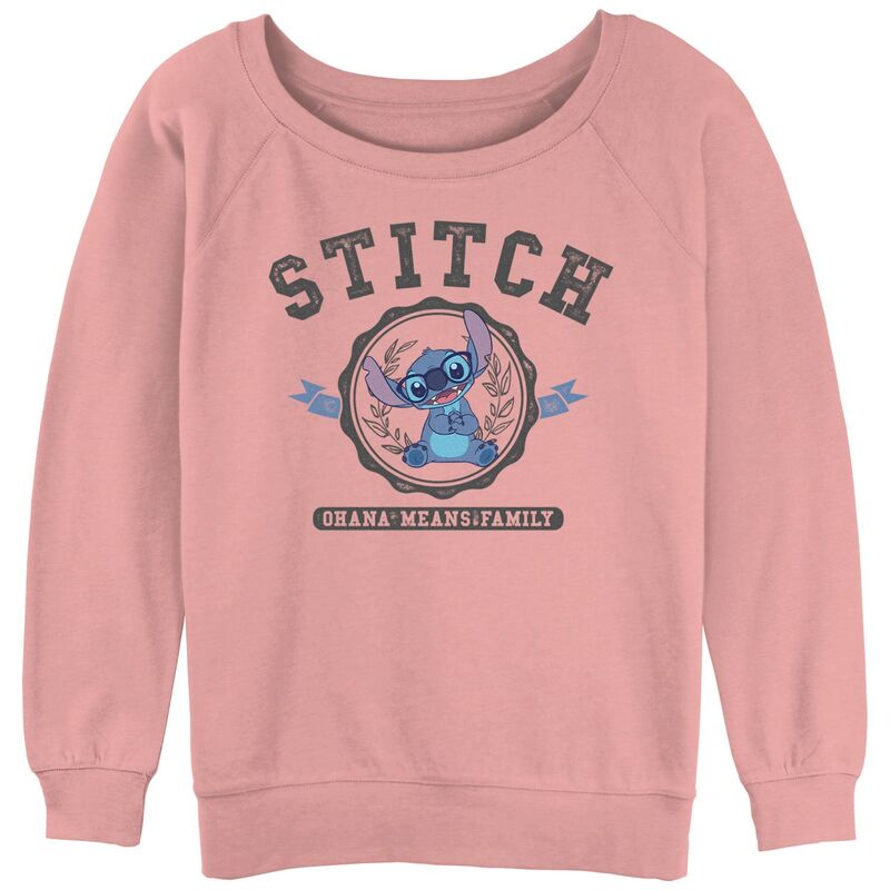 ウォルトディズニー レディース トップス プルオーバー パイル グラフィック Disney Juniors\u0027 Lilo \u0026 Stitch Collegiate Stitch Graphic Slouchy Terry Desert Pink サクラ色