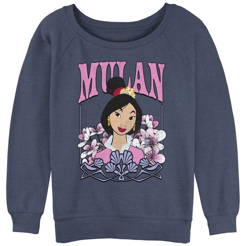 ウォルトディズニー レディース トップス プルオーバー パイル グラフィック Disney\u0027s Mulan Cherry Blossoms Portrait Juniors\u0027 Graphic Slouchy Terry Blue Heather ギョリュウモドキ