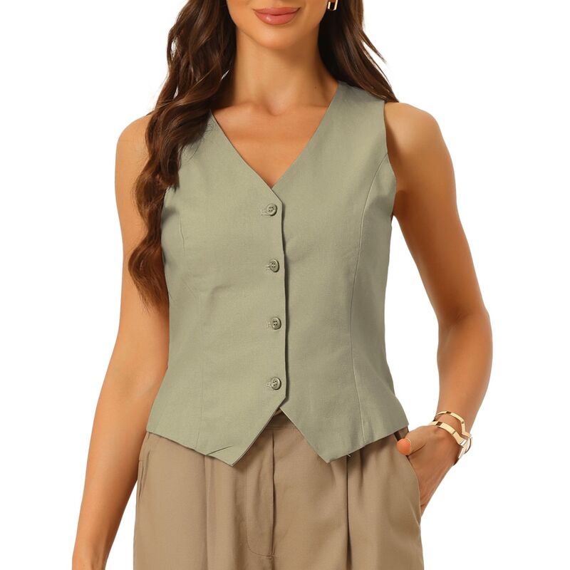 アレグラ ケー レディース トップス Tシャツ Vネック ボタンダウン ベスト ノースリーブ コート ダウン ALLEGRA K Vest Waistcoat for Women Fashion Sleeveless Button Down V Neck Crop Top Summer Vest Army Green グリーン|ReVida 店