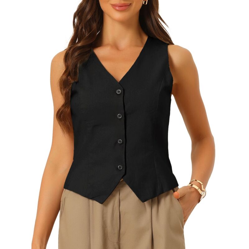 アレグラ ケー レディース トップス Tシャツ Vネック ボタンダウン ベスト ノースリーブ コート ダウン ALLEGRA K Vest Waistcoat for Women Fashion Sleeveless Button Down V Neck Crop Top Summer Vest Black ブラック｜ReVida 店