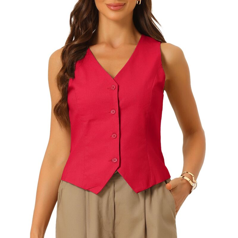 アレグラ ケー レディース トップス Tシャツ Vネック ボタンダウン ベスト ノースリーブ コート ダウン ALLEGRA K Vest Waistcoat for Women Fashion Sleeveless Button Down V Neck Crop Top Summer Vest Deep Red レッド|ReVida 店