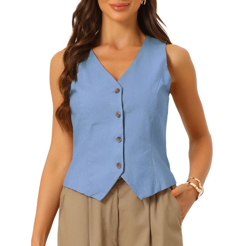 アレグラ ケー レディース トップス Tシャツ Vネック ボタンダウン ベスト ノースリーブ コート ダウン ALLEGRA K Vest Waistcoat for Women Fashion Sleeveless Button Down V Neck Crop Top Summer Vest Light Blue ブルー|ReVida 店