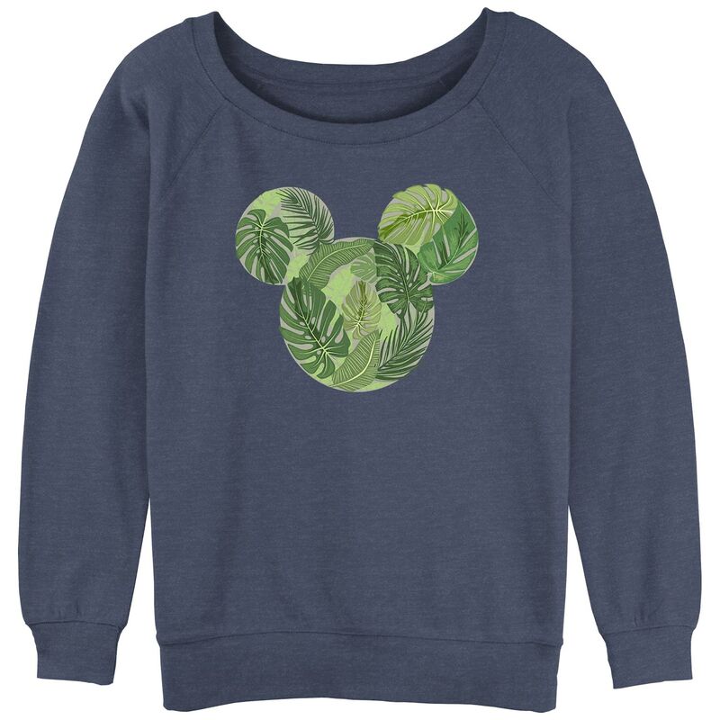 ウォルトディズニー レディース トップス プルオーバー パイル グラフィック Disney\u0027s Mickey Mouse Tropicaleaves Head Juniors\u0027 Graphic Slouchy Terry Blue Heather ギョリュウモドキ
