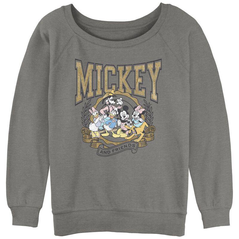 ウォルトディズニー レディース トップス プルオーバー パイル グラフィック Disney\u0027s Mickey and Friends Juniors\u0027 Crest Slouchy Terry Graphic Pullover Gray Heather 薄墨色
