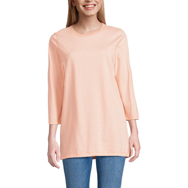 ランズエンド レディース トップス Tシャツ クルーネック コットン Women's Lands' End Supima Cotton Crewneck Tunic Tinted Peach Stripe ピーチ