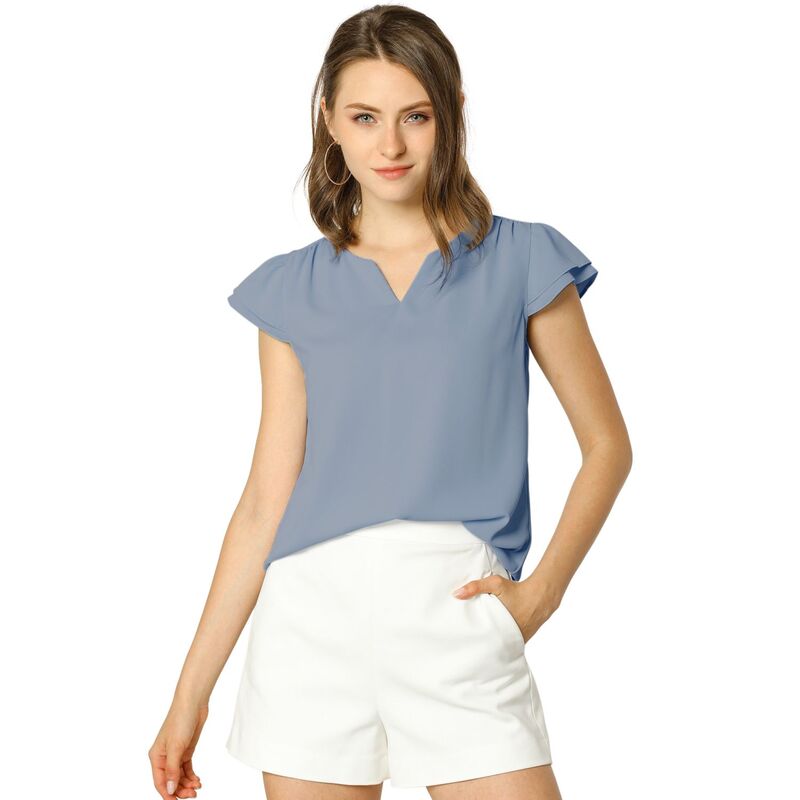 アレグラ ケー レディース トップス シャツ Vネック キャップ ブラウス ALLEGRA K Women's V Neck Work Casual Cap Sleeve Blouse Top Dark Grey Blue グレー｜ReVida 店
