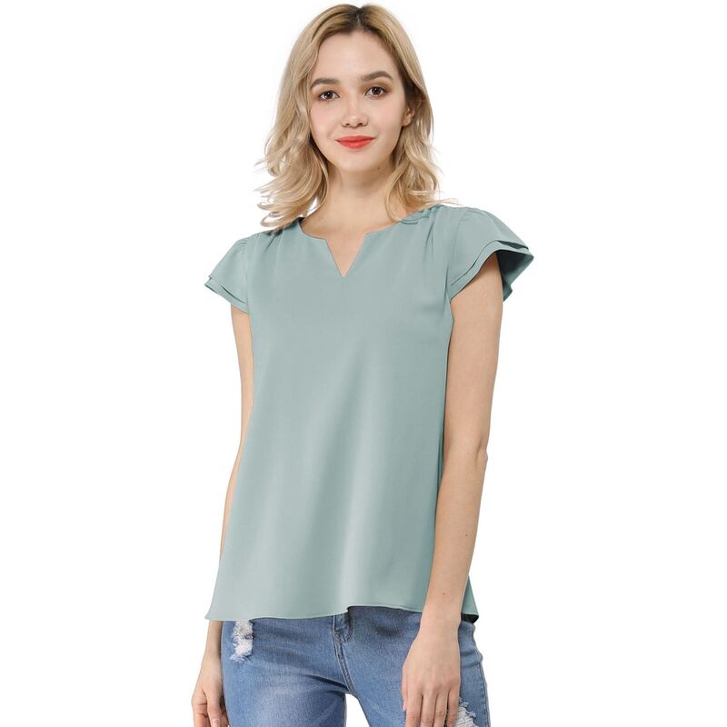 アレグラ ケー レディース トップス シャツ Vネック キャップ ブラウス ALLEGRA K Women's V Neck Work Casual Cap Sleeve Blouse Topale Blue ブルー|ReVida 店