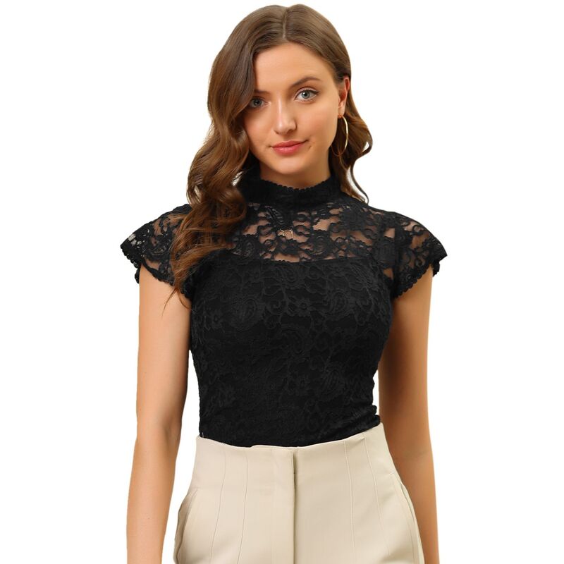 アレグラ ケー レディース トップス シャツ セミシアー フラワー柄 シアー ブラウス レース フラワー ALLEGRA K Women's Elegant Floralace Blouse Short Sleeve Keyhole Back Fitted Semi Sheer Top Black ブラック|ReVida 店